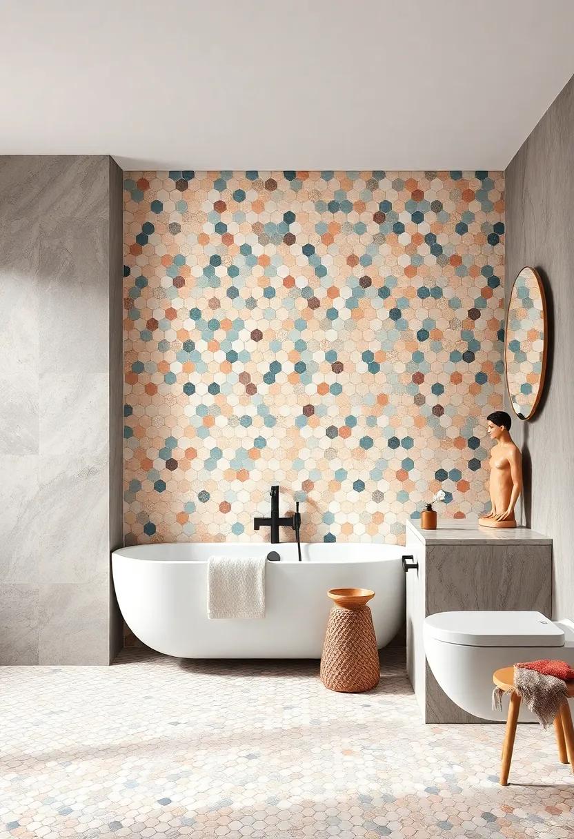 Vintage Charm: Classic mosaic patterns in soft pastels evoke nostalgia, giving the bathroom a charming, vintage appeal