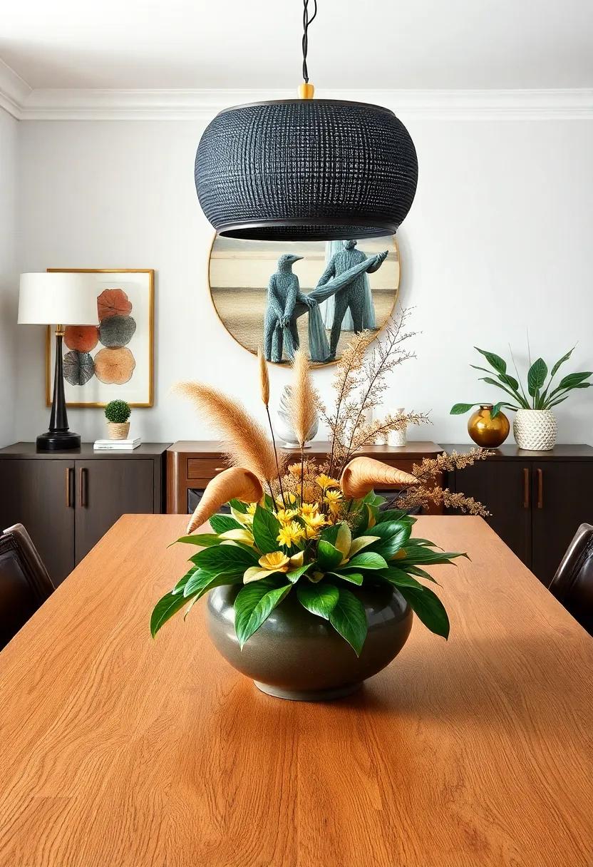 Statement Centerpiece: Choose an eye-catching centerpiece for your table, such as an oversized vase or an artistic sculpture, to spark conversation