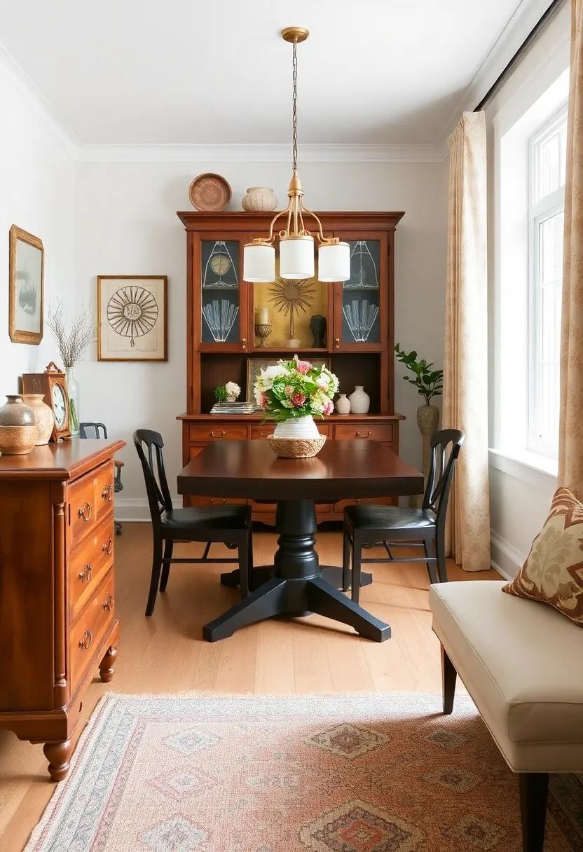 Vintage Finds: Incorporate vintage furniture or décor pieces for charm and character, making the dining room feel lived-in and welcoming