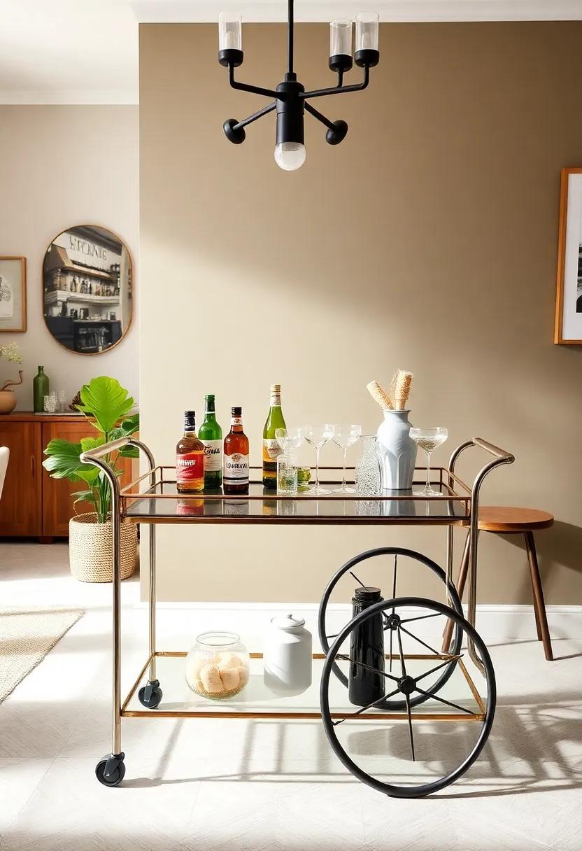 Trendy Bar Cart: Set up a stylish bar cart stocked with drinks and glassware, inviting guests to mix their beverages and enjoy a relaxed atmosphere