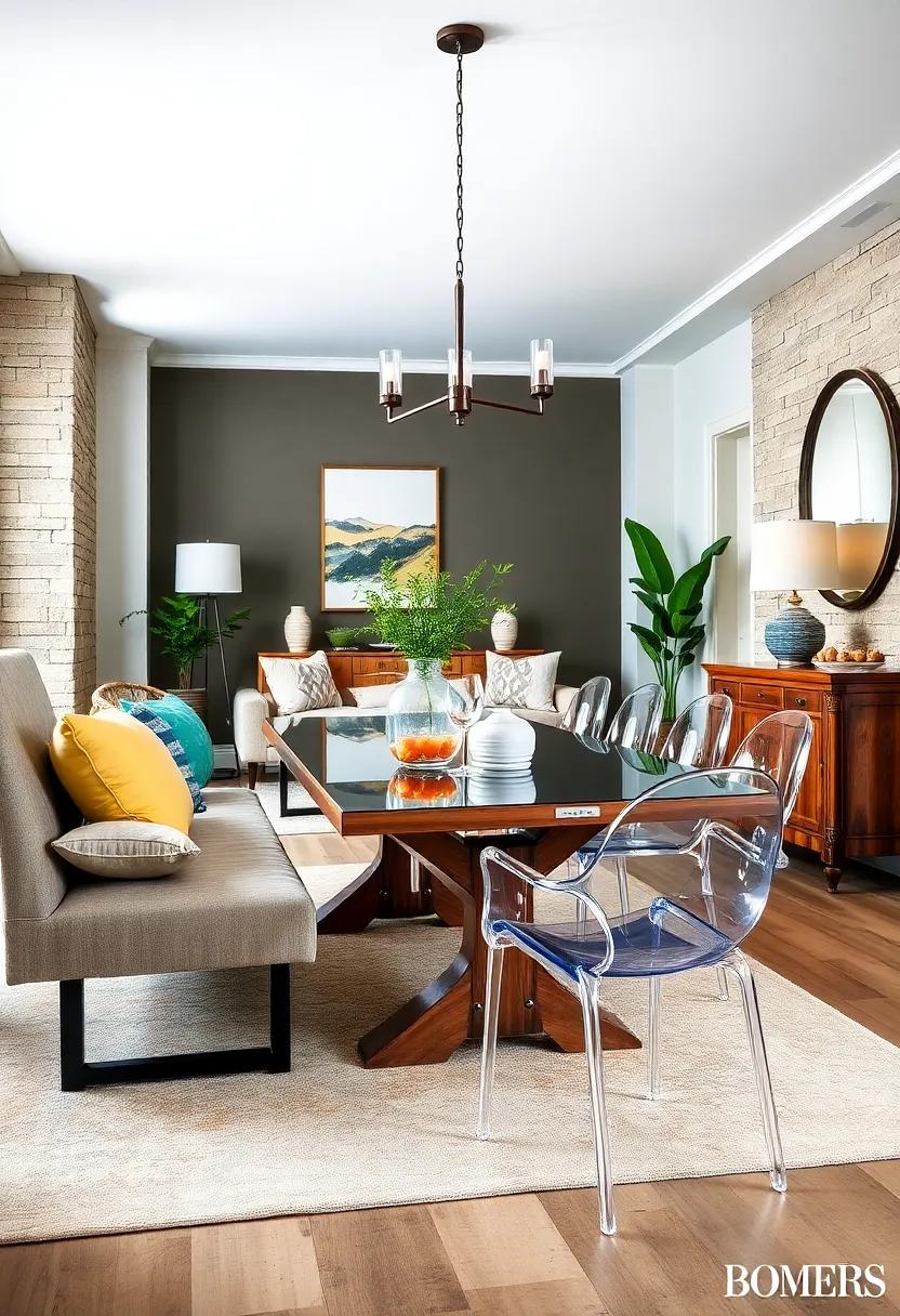 Farmhouse Bench with Contemporary Acrylic Dining Chairs: The blending of solid craftsmanship and modern transparency creates intrigue in your gathering space