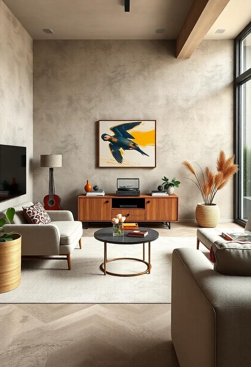 Vintage record Console with a Sleek Modern TV Stand: Bring together nostalgia and innovation for the ultimate entertainment area that celebrates sounds and sights