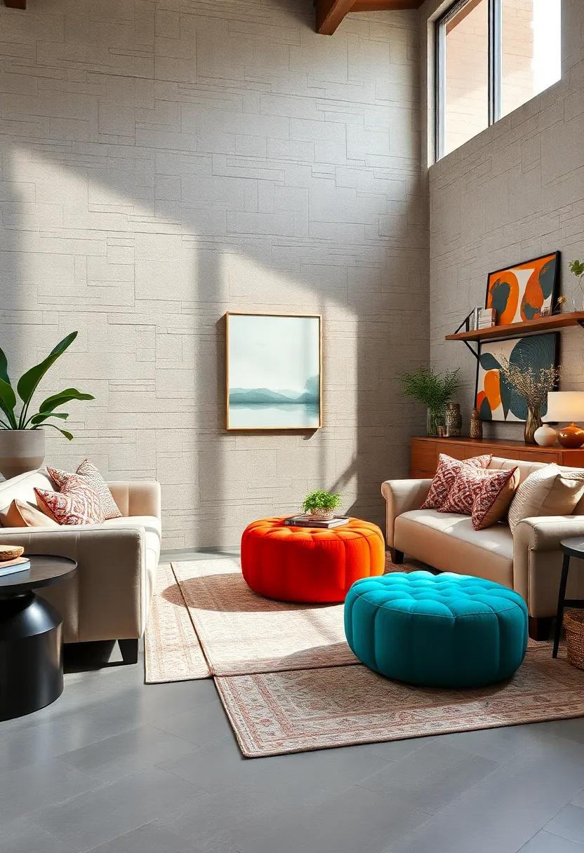 Boldly Colored Ottoman with a Neutral Sofa: An accent piece that adds flair and functionality, complementing your main seating effortlessly