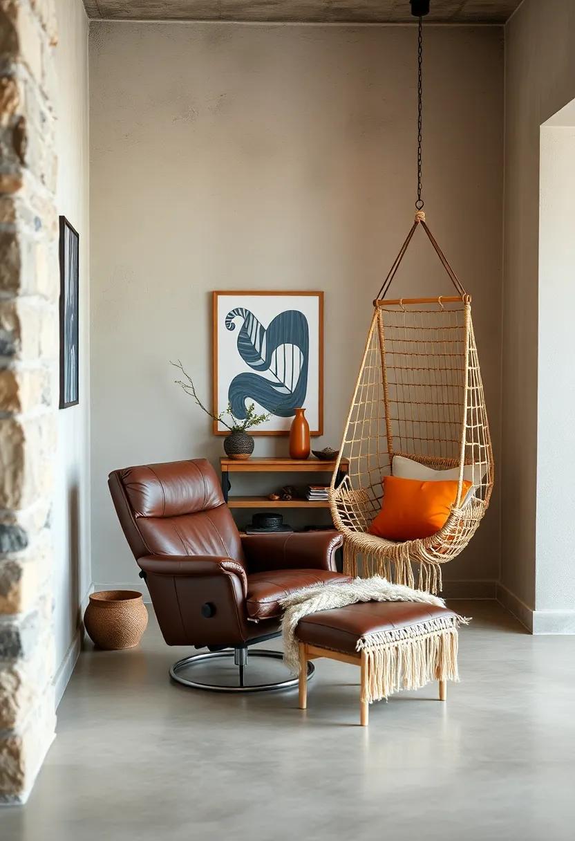 Leather recliner paired with a Macramé Swing Chair: Mix textures for an inviting and playful nook that encourages relaxation and enjoyment