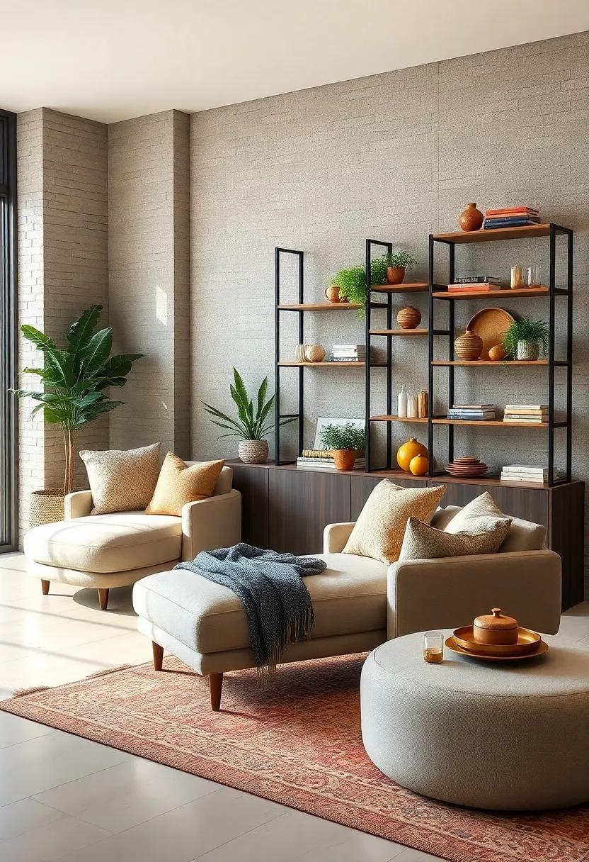 Cozy Chaise Lounge next to a Geometric Shelving Unit: A fusion of comfort and functionality that invites relaxation while utilizing vertical space creatively
