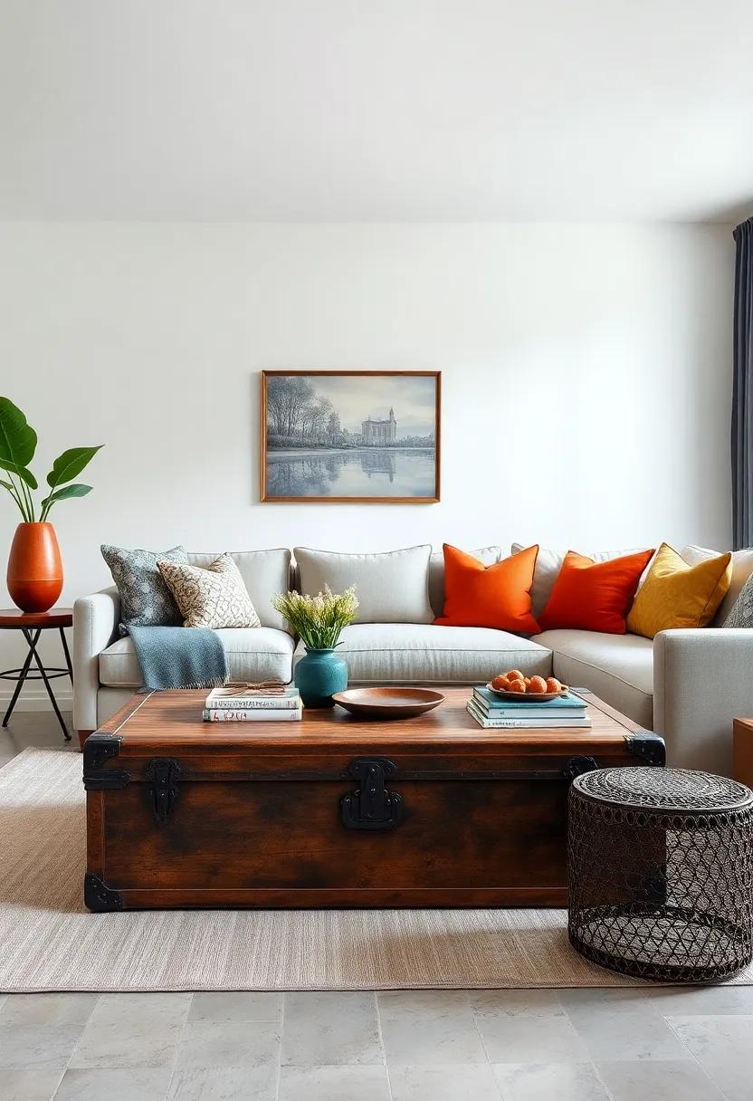 Antique Trunk as a Coffee Table with Modern Sectional Sofa: An unexpected focal point invites curiosity while maintaining comfort in your living area