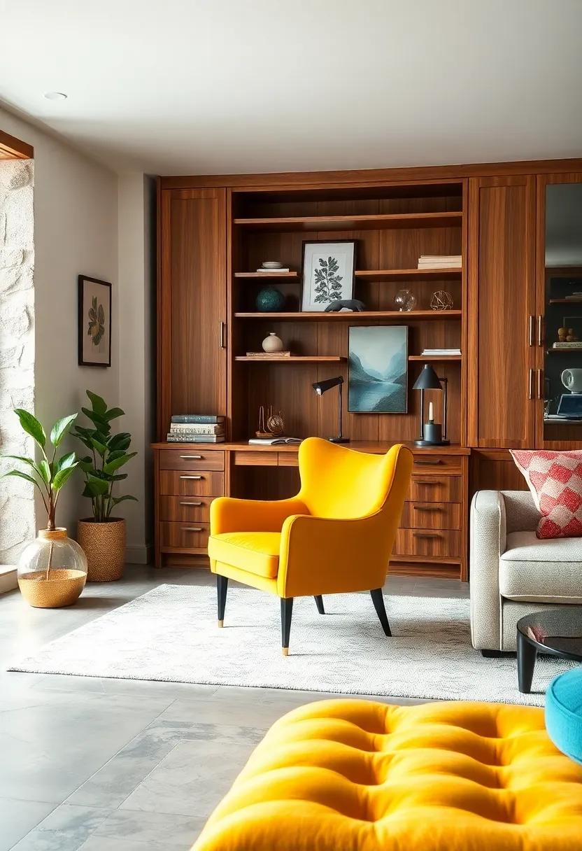 Bold Neon Accent Chair with a Classic Oak Desk: Infuse energy into your workspace by pairing a vibrant chair with timeless cabinetry for a lively balance
