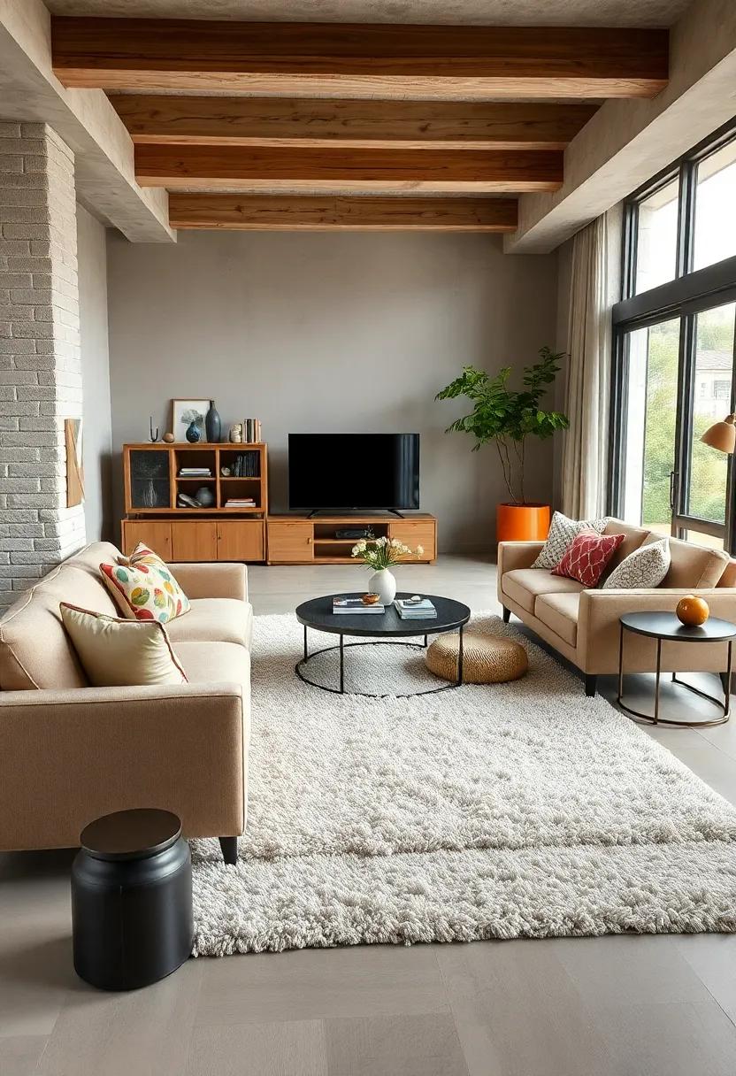 Chic Shag Rug layered under Modern Furniture: A playful textural contrast adds depth and interest, enveloping the room in effortless style