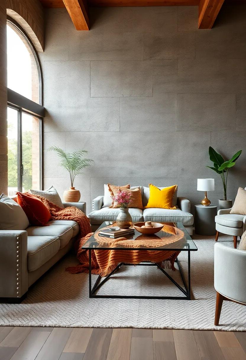 Sleek Glass Coffee Table with a Textured Knit Blanket: Achieve a fresh look by mixing fine materials with comforting textiles for a chic but cozy atmosphere