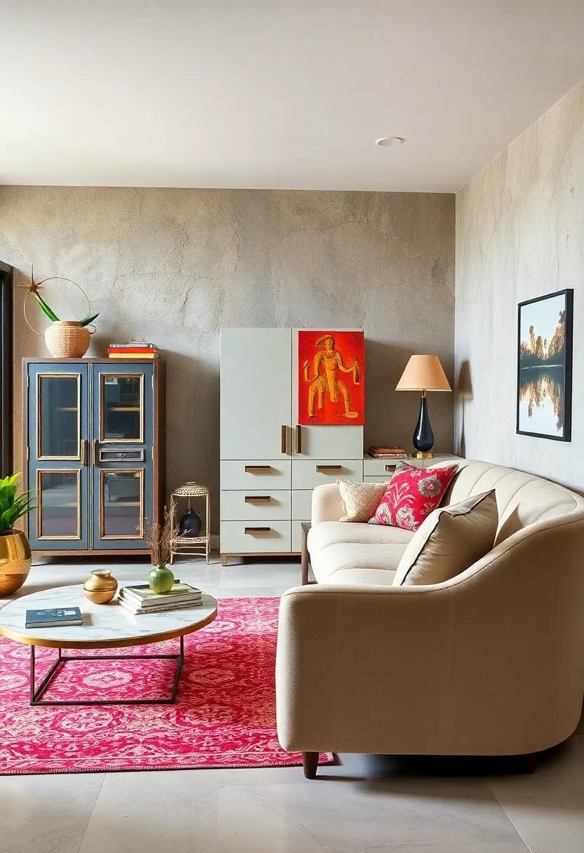 Retro Metal Filing Cabinet with a Soft Curved Sofa: Bold metal finishes paired with soft materials generate visual tension, sparking interest in home offices