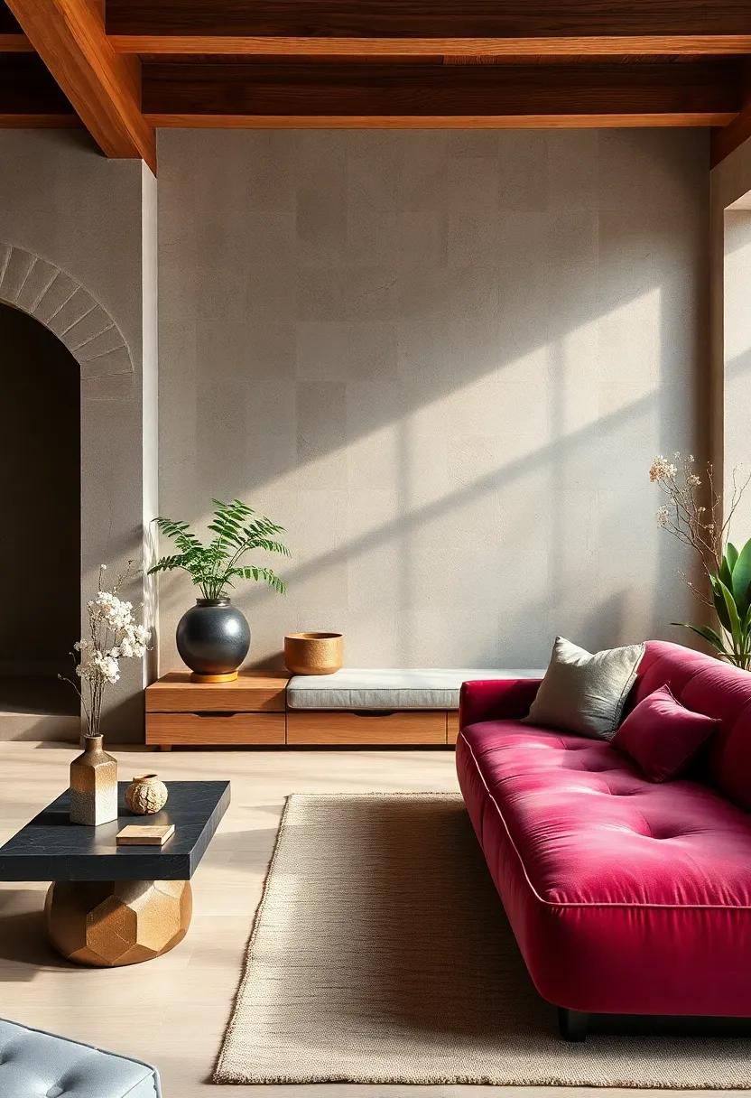 Japanese zen Bench Against a Glamorous Velvet Couch: Marrying serenity with luxury sets the perfect stage for relaxation without sacrificing style