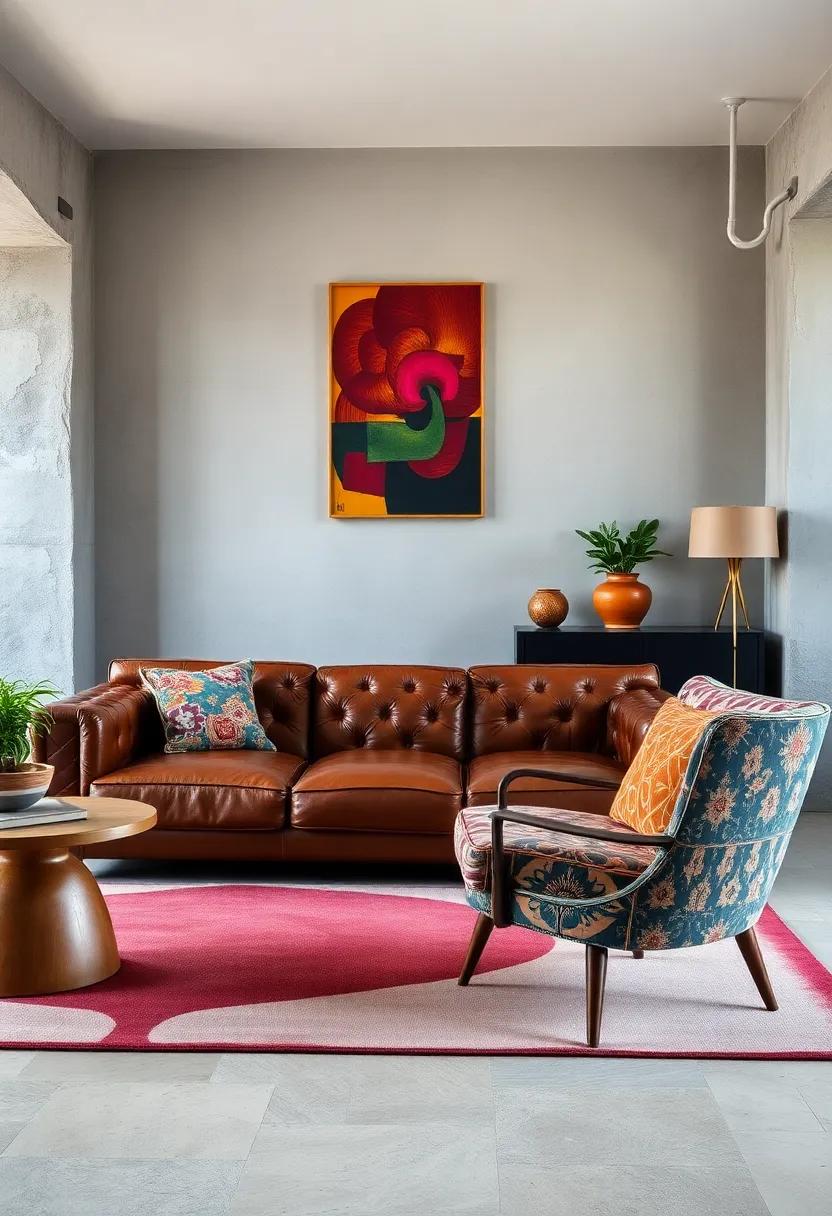 Classic Leather Sofa paired with a funky Vintage Armchair: This combination strikes a perfect balance between comfort and eclectic flair, ideal for any living room