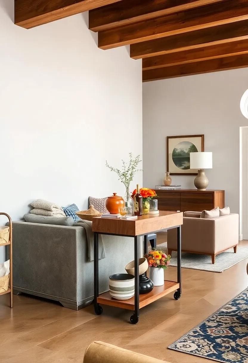 sleek Metal Bar Stools with a Rustic Wood Bar Cart: Highlight the best of both worlds in your entertaining space; a modern edge meets charming craftsmanship