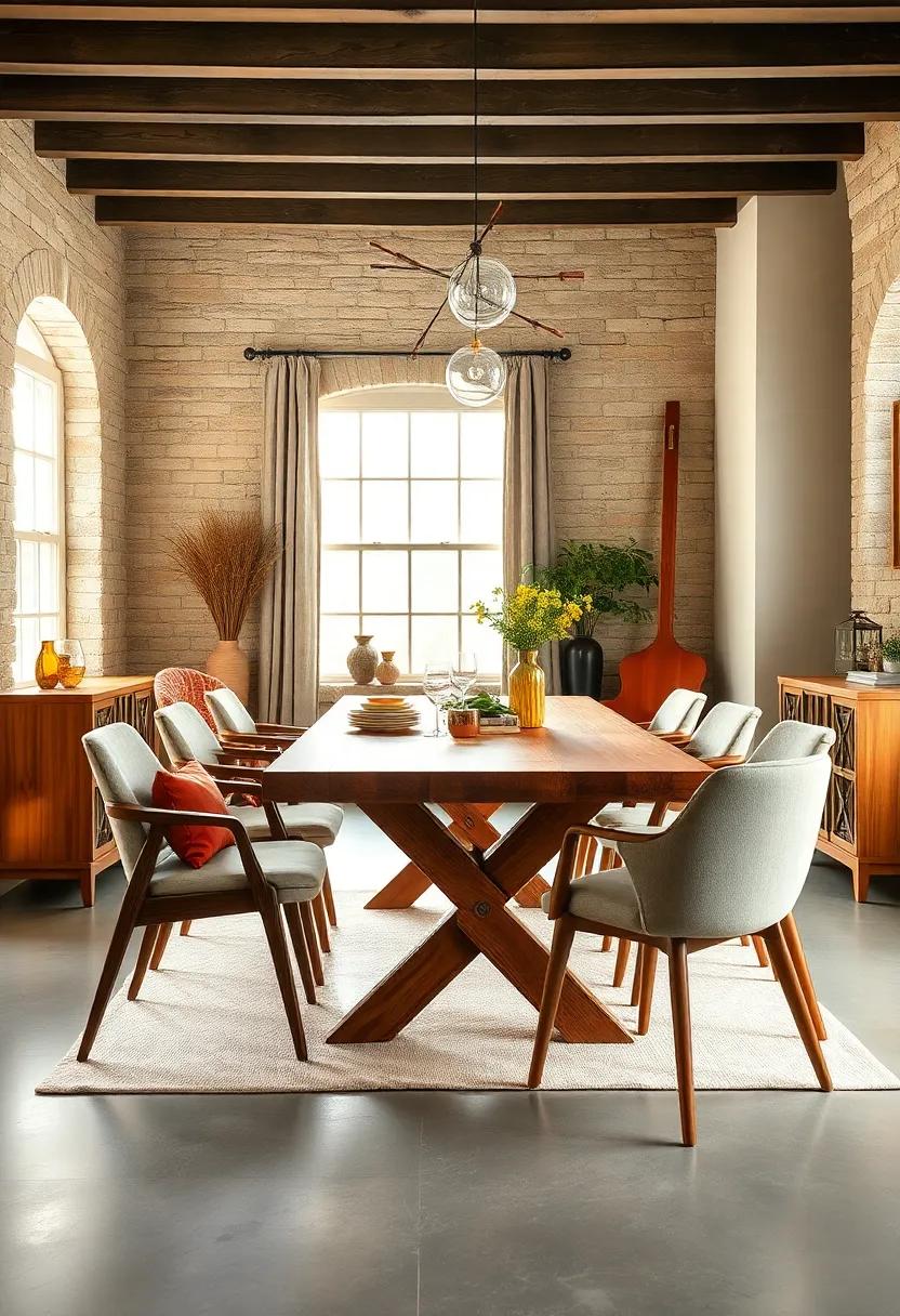 Mid-Century Modern Chairs with a Rustic Farmhouse Table: Embrace the charm of contrasting eras, where sleek lines meet weathered wood for a warm and inviting dining experience