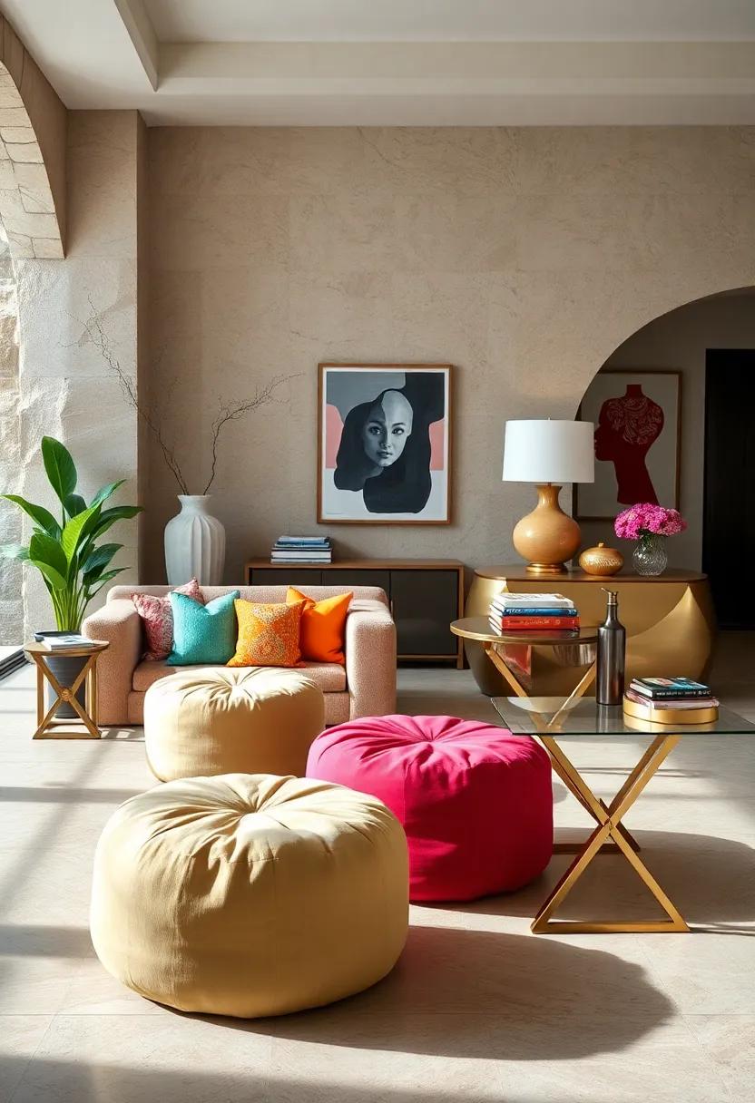 Colorful Bohemian Poufs with a Chic Metallic console Table: Add a splash of color and creativity with casual seating next to a statement-making surface