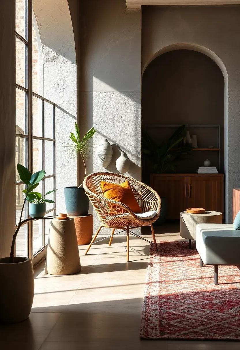 Woven Rattan Chair next to a Concrete Side table: Merge organic and industrial influences to create an inviting spot for sipping coffee and enjoying good company