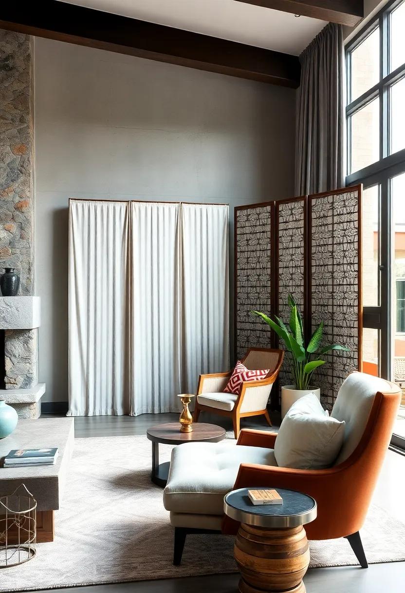 Quirky Folding screen with an Elegant Lounge Chair: Add an element of surprise by introducing a decorative partition that defines a unique space within your home