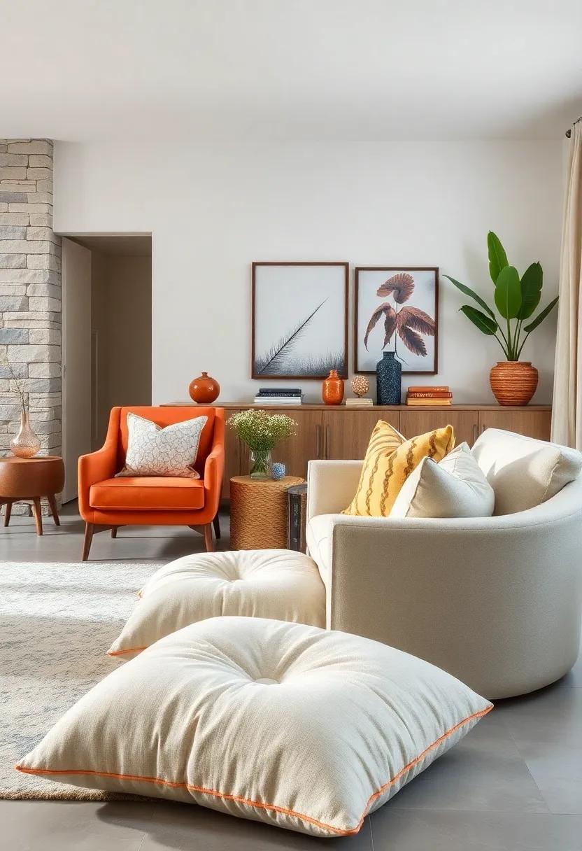 Oversized Floor Cushions next to a Sleek Modern Armchair: Maximize comfort and style, inviting relaxation in an eclectic living room arrangement