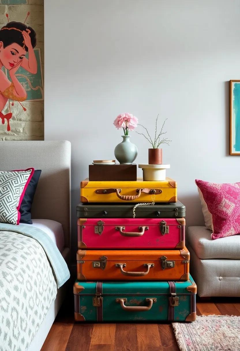 Vintage ⁤Suitcases as Nightstands: Stack colorful vintage suitcases to​ create unique ⁣nightstands that⁤ add a whimsical ⁣touch to your bedroom while providing​ practical storage