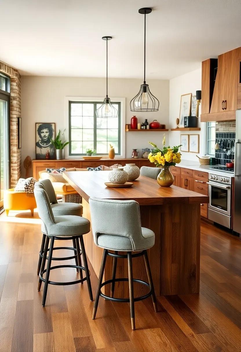 Upholstered Bar Stools with a Reclaimed Wood Island: Create a mix of comfort and sustainability in your kitchen