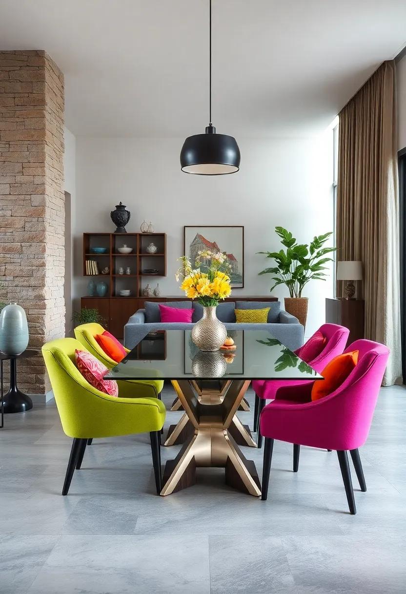 Brightly colored Accent Chairs flanking a Glass Dining Table: ⁢Introduce pops of ‍color while maintaining an airy feel