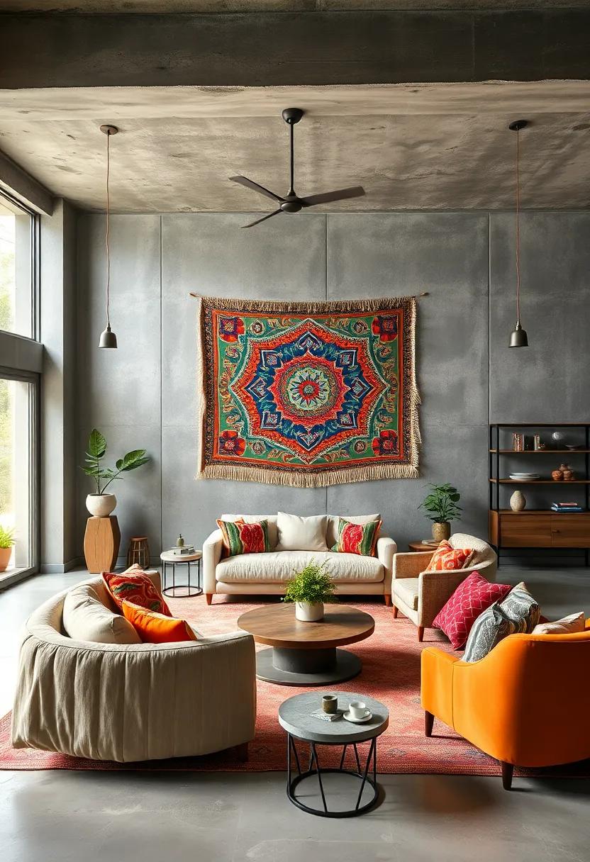 A‍ Colorful ‌Tapestry on an Open-Concept Concrete Wall: Use textiles to soften rigid structures and add warmth