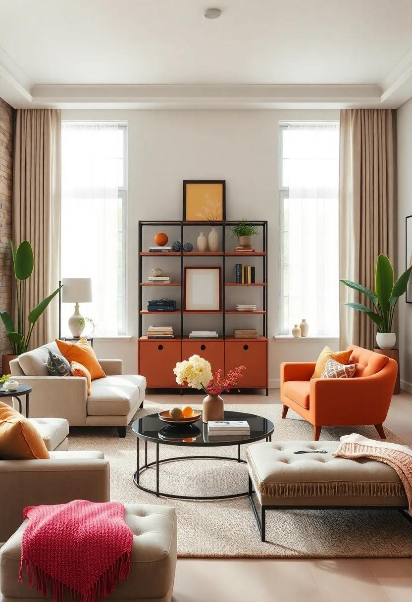 Colorful Etagere in a Neutral Living Room: Introduce a focal point that bursts with personality and charm