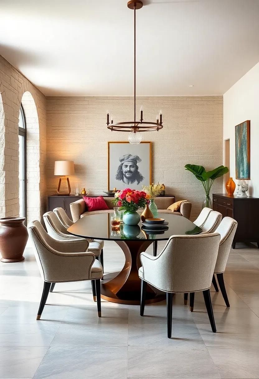 Classic Dining Chairs combined with​ an Artistic Table: Break the mold by mixing timeless silhouettes and avant-garde designs