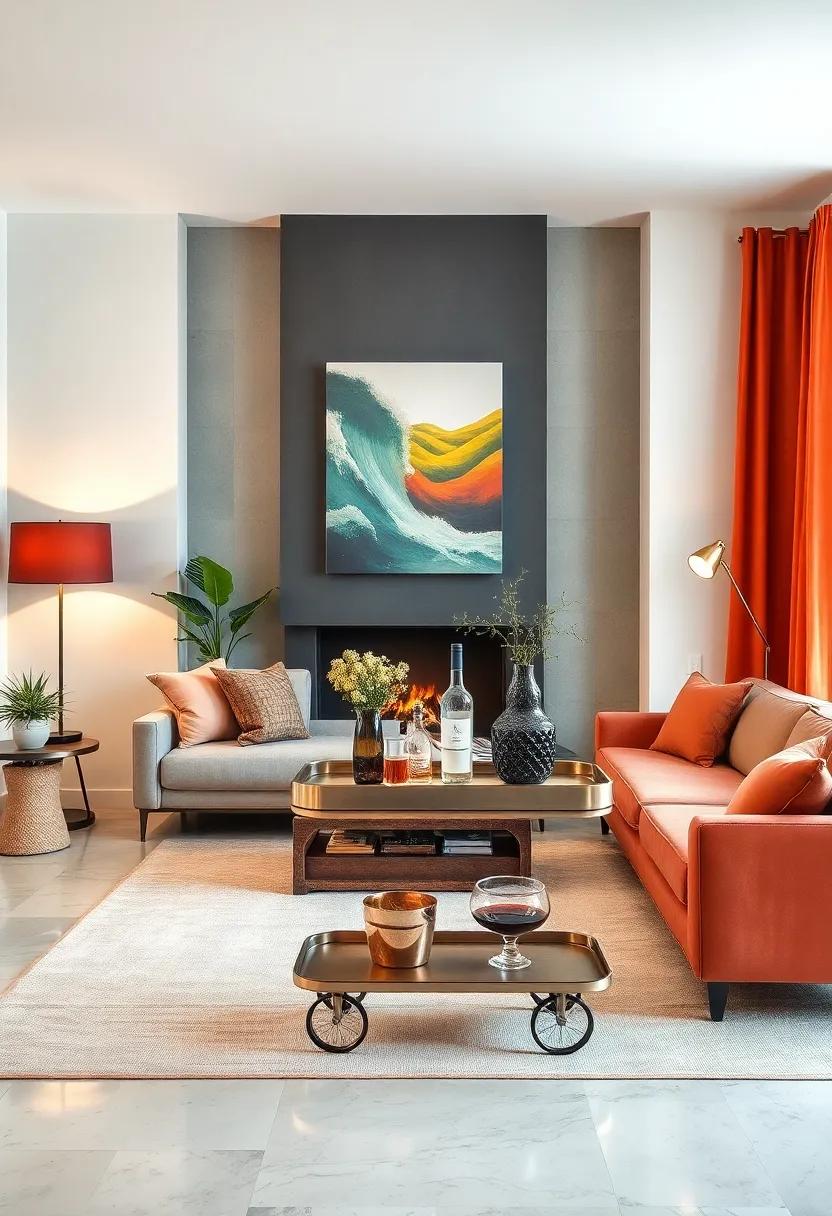 Retro Bar Cart in a Modern Living Room: Blend past and present with a playful nod to mid-century design