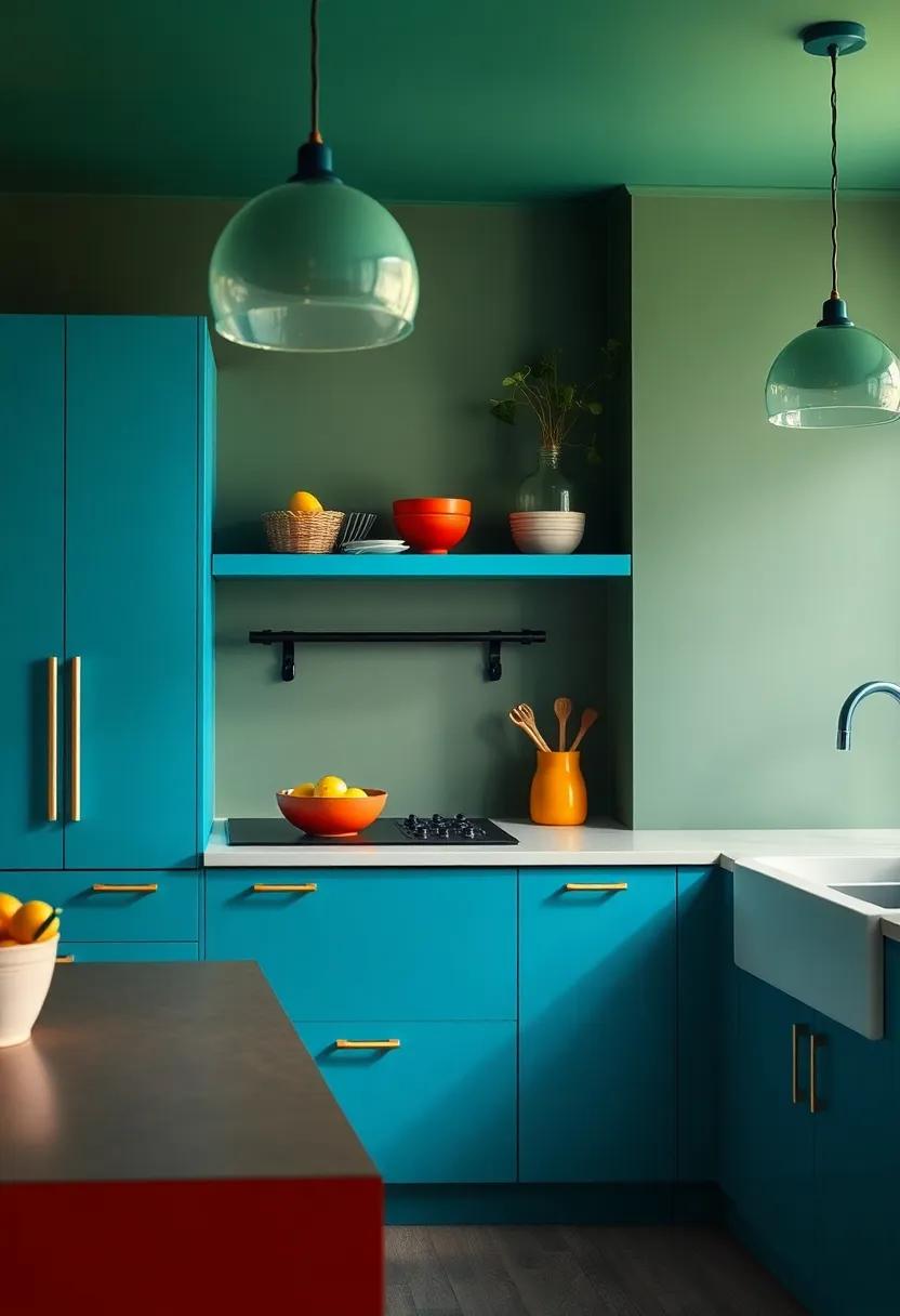Bold Color Contrasts: Use vibrant hues on cabinets, walls, or backsplashes to create visual excitement and draw the eye throughout the space