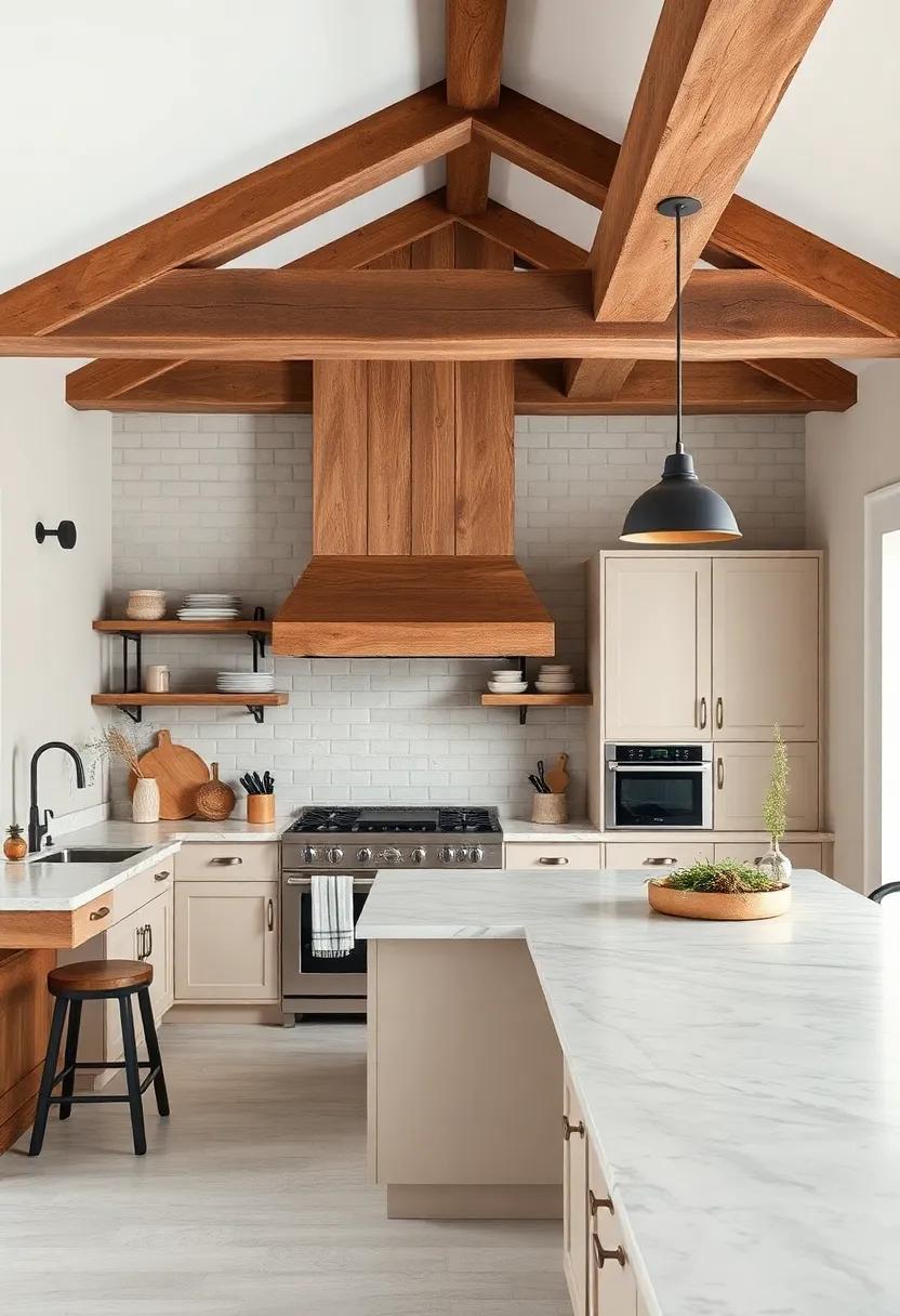 Rustic Finishes: Incorporate raw wood beams, aged metals, or distressed finishes to create a warm and inviting farmhouse-inspired kitchen