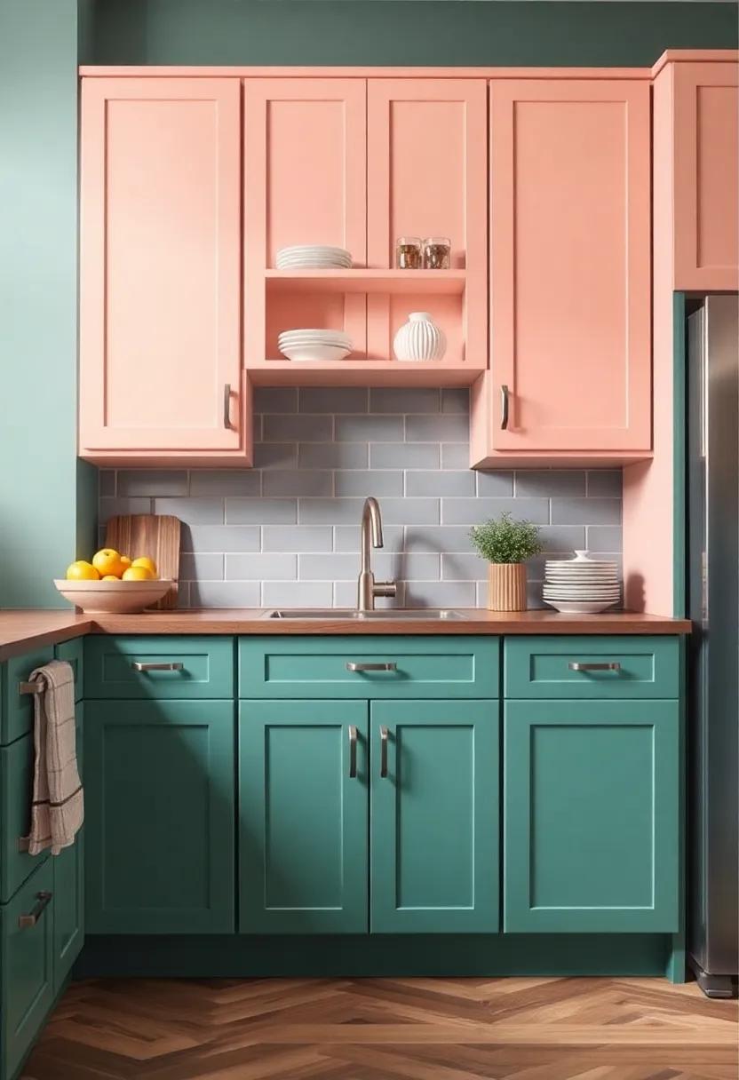 Playful colors in cabinetry: Break away from traditional white or wood finishes by painting your cabinets in unexpected bold colors