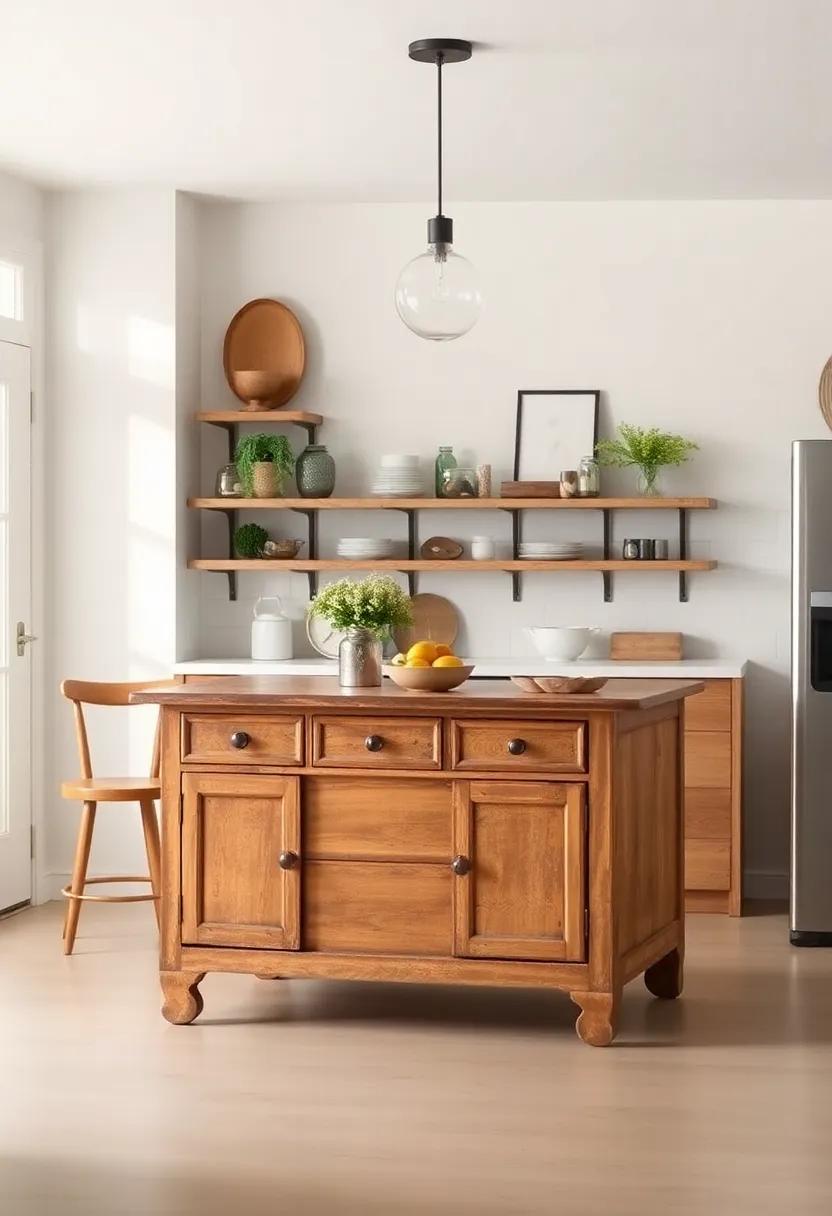 Repurposed furniture: Use a vintage dresser or a transformed item as an island or storage piece to add a touch of ingenuity