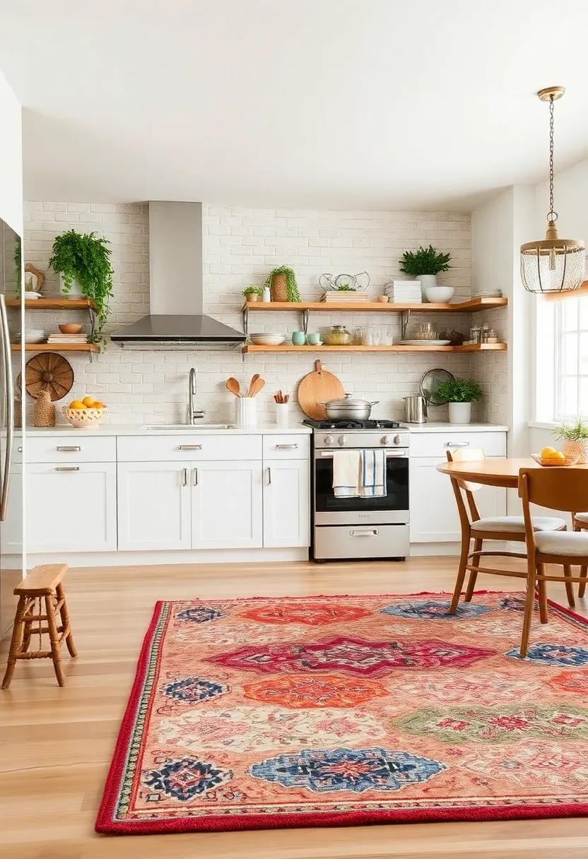 Statement rugs: add an eye-catching area rug that pulls together colors and patterns, providing comfort and warmth to your kitchen