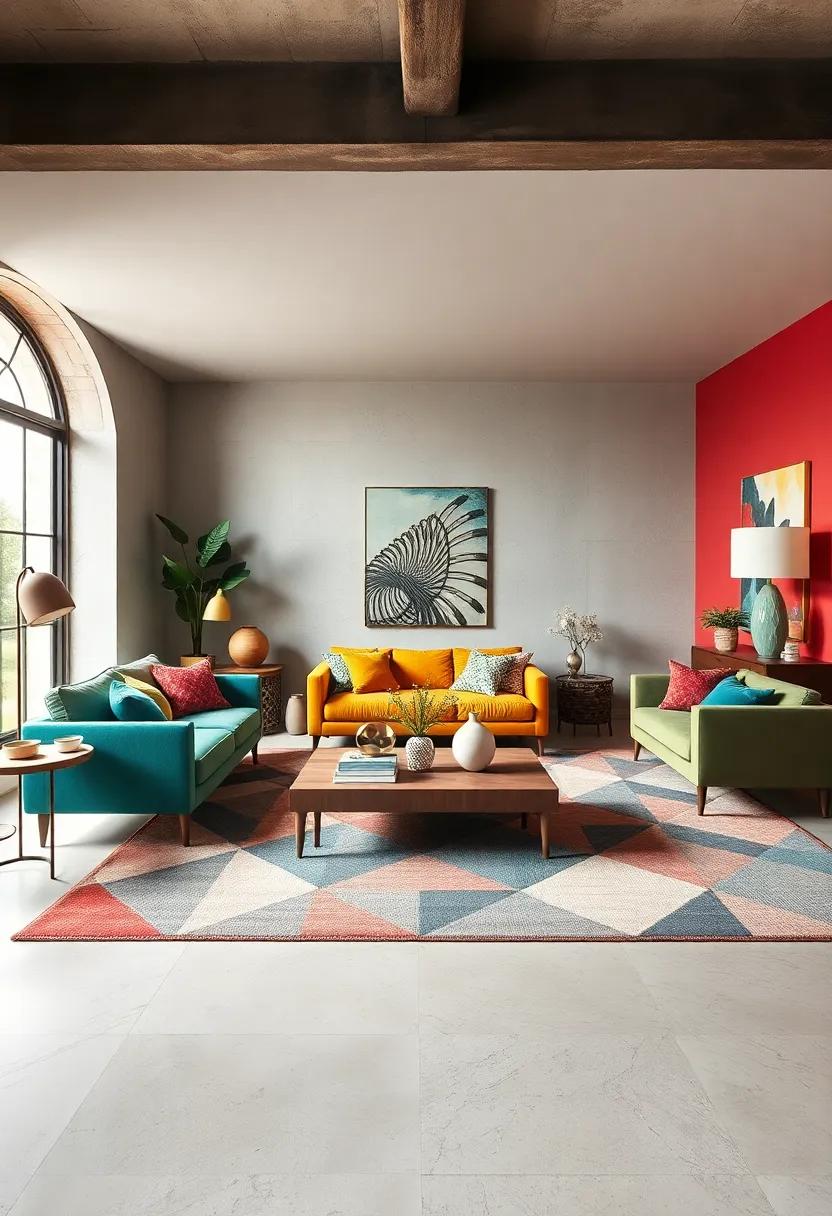 Mix Bold Colors: Combine geometric rugs with vibrant furniture to create a dynamic and lively atmosphere that ​draws ‌the‌ eye