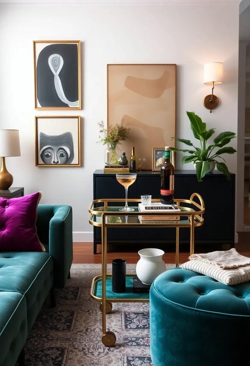 Use a ⁢velvet-topped bar cart to ​create a chic cocktail area that ‌invites social gatherings in your eclectic space