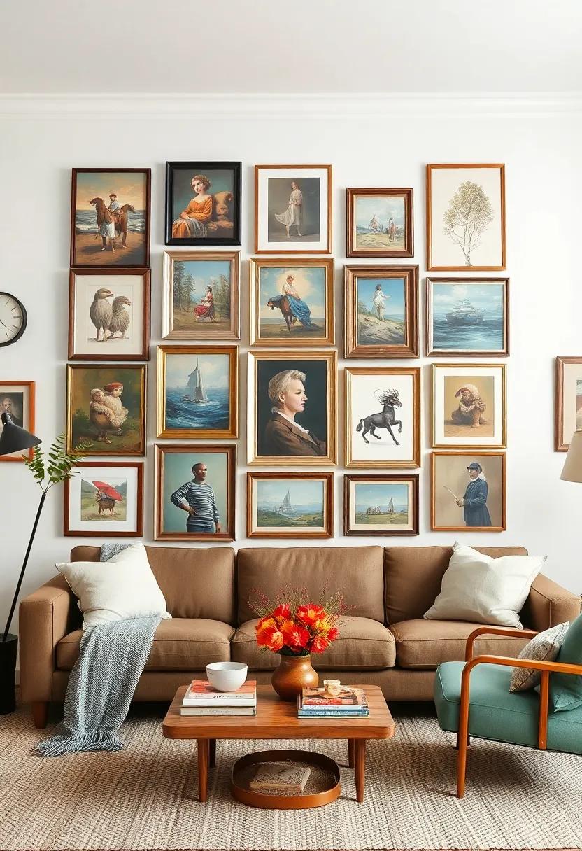 Create a salon-style display: Fill an entire wall with an arranged collage of paintings in varying sizes and frames for an eclectic vibe