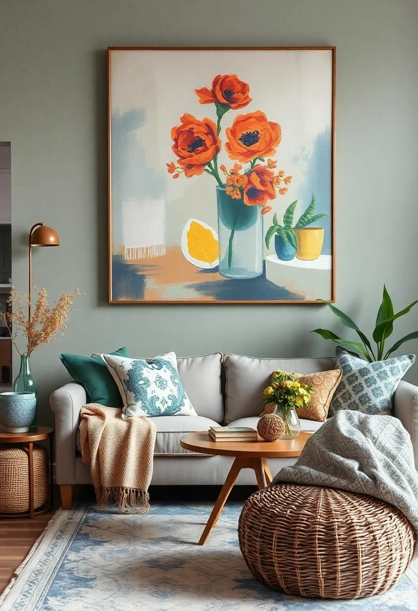 Use painterly accessories: complement your vintage artwork with cushions,rugs,or throws that echo similar artistic styles