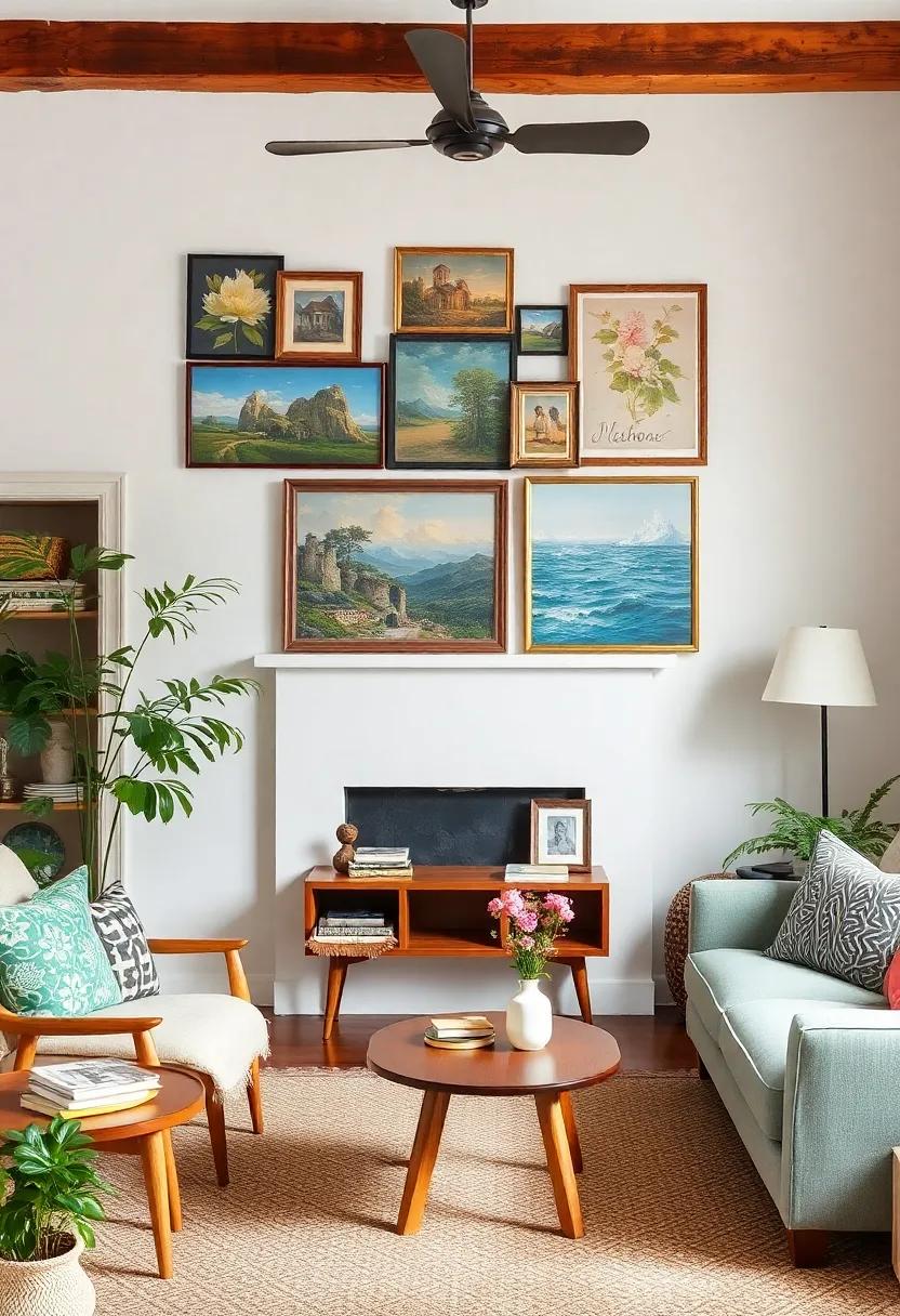 Use unexpected locations: Place small vintage paintings in surprising spots, such as above doorways or on shelf ledges, to create a playful vibe