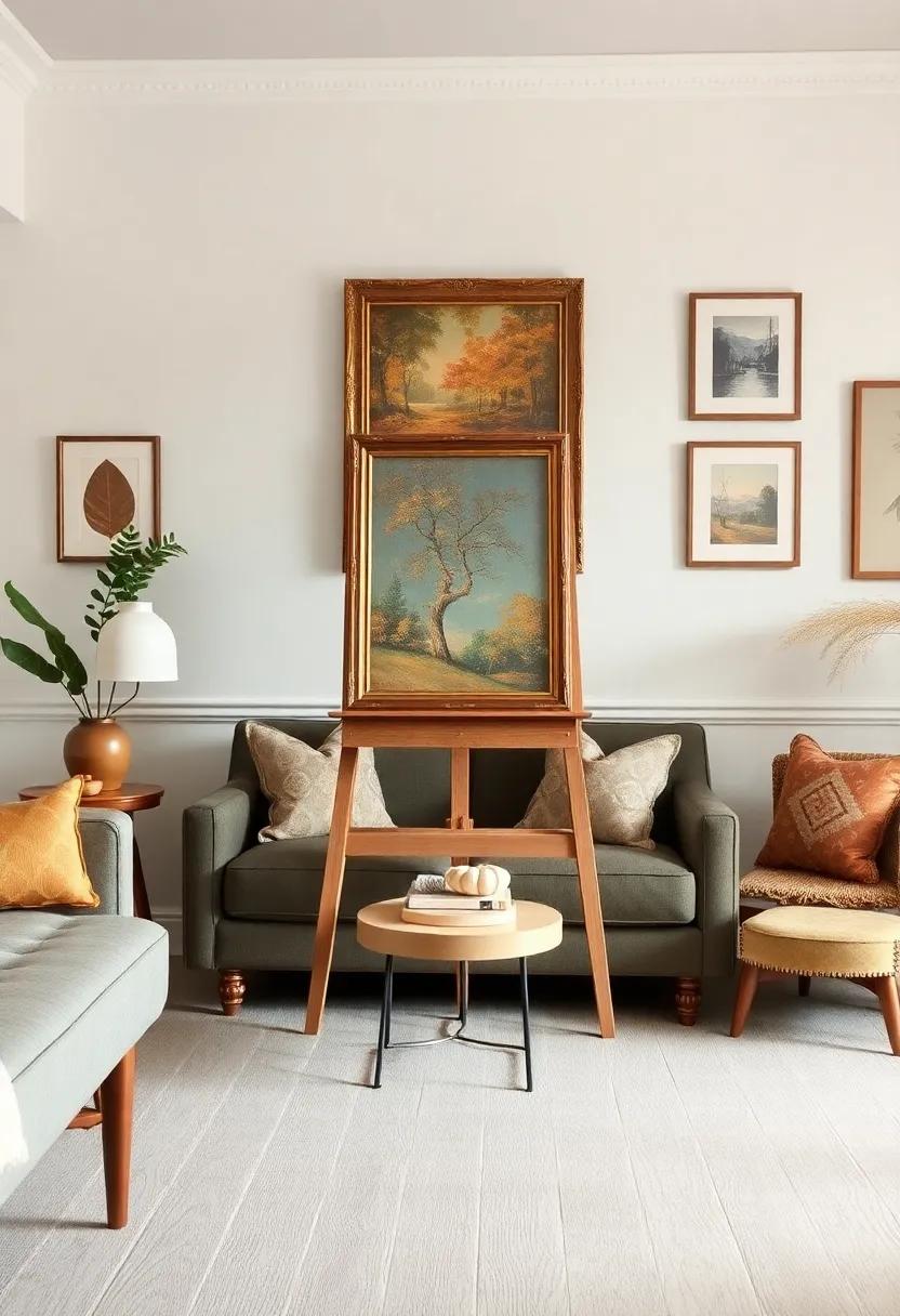 Add a vintage easel: Elevate a single painting by placing it on a vintage easel instead of hanging it, bringing an artistic touch to the room