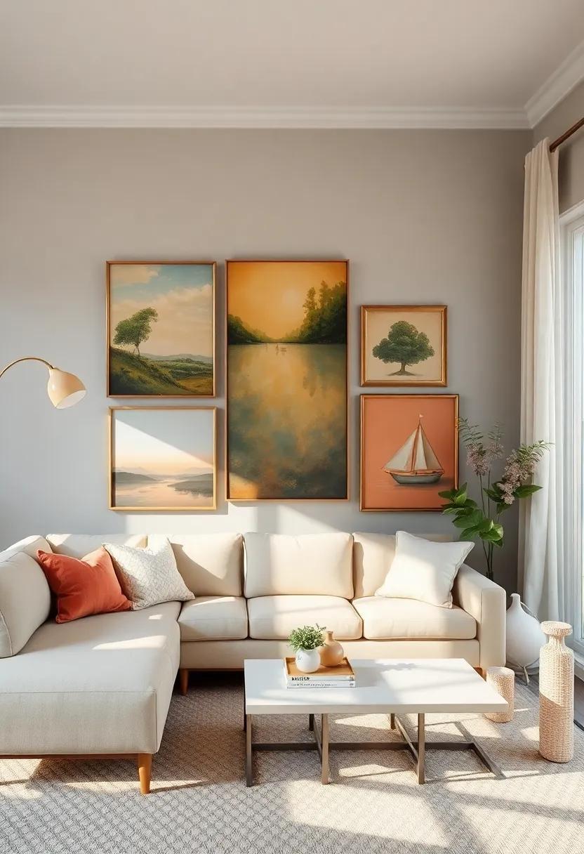 Group by color: Arrange paintings with similar color schemes for an elegant, monochromatic look that ties the room together
