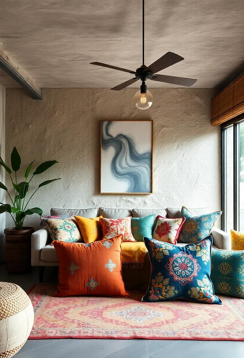 Vibrant Throw Pillows: Infuse your seating with personality by using pillows made from diverse fabrics,featuring unique patterns and embroidery