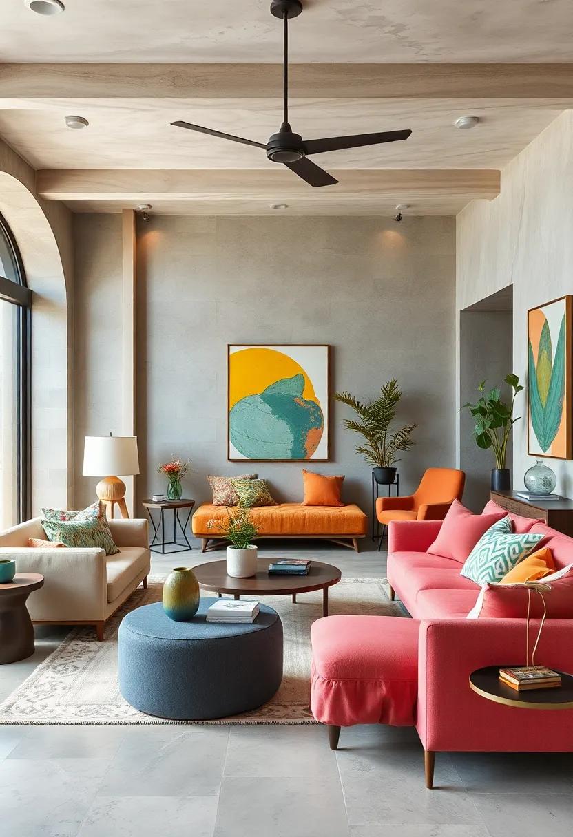 Integrate Colorful Accents: Use colorful contemporary accessories strategically to add pops of modernity in an eclectic environment