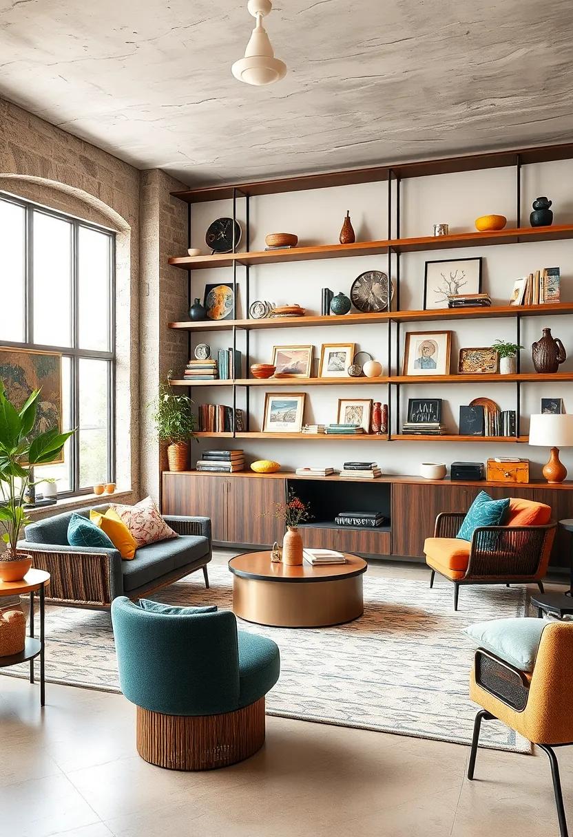 Showcase Vintage with Modern Shelving: use sleek modern shelves to showcase eclectic collections, ensuring that both styles complement one another