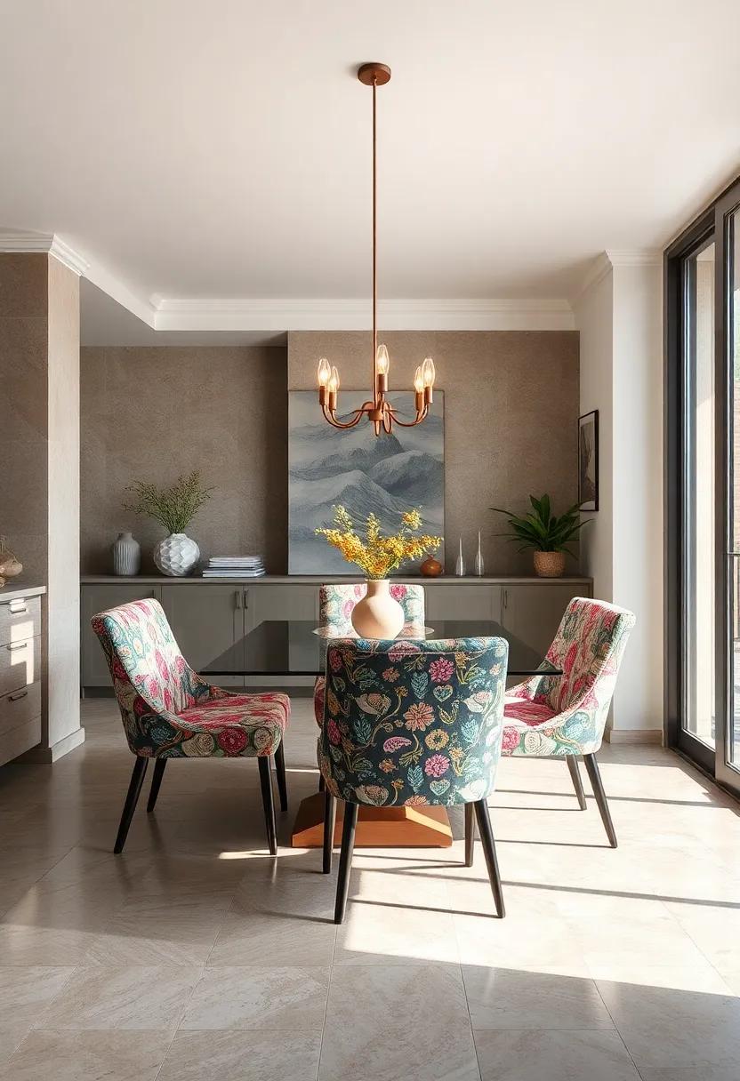 Multi-Print Dining Chair: Opt for dining chairs covered in various fabrics for an inviting and whimsical dining experience