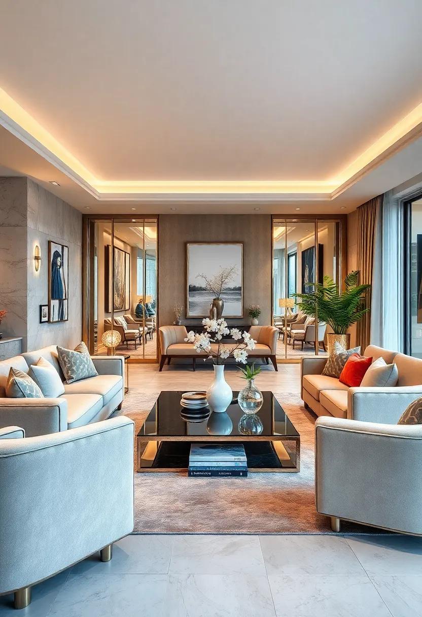 Use Mirrored Decorative Objects: Curate vases, sculptures, or books that incorporate mirrored finishes for an upscale feel