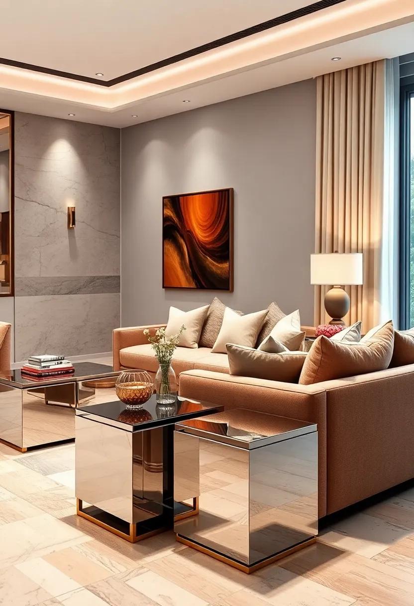 Use Mirrored End Tables: Flank your sofa with chic mirrored tables that elevate the overall style of the room