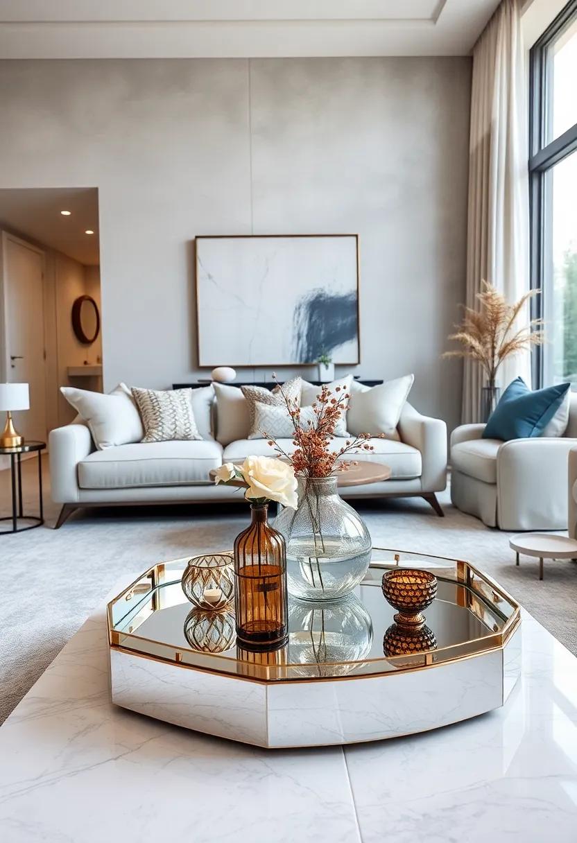 Opt for a Mirrored Coffee Table Tray: Accessorize your table with decorative items displayed on a chic mirrored tray