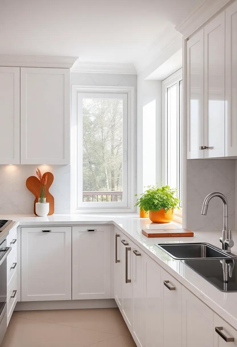 Indoor Herb ​Garden: Install a small herb garden on the kitchen windowsill for freshness and a touch of greenery amidst the white palette