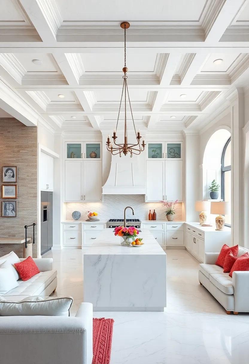Stunning Ceilings: Experiment with coffered or vaulted ceilings that bring dimension and richness to the overall kitchen design